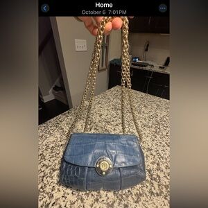 Henri Bendel Blue Croc-Embossed Shoulder Bag with Gold Chain
